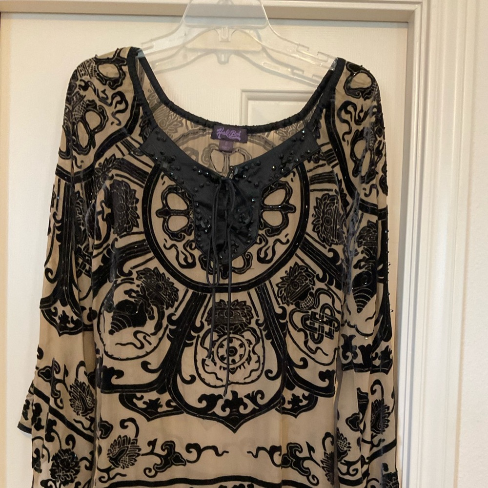 Hale Bob Tan/Black Embellished Burnout Velvet Tunic - S